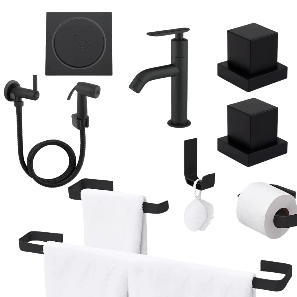 Acessórios Banheiro Preto Fosco Completo - Torneira Bica Alta, Ducha Higiênica e Ralo Click 10x10