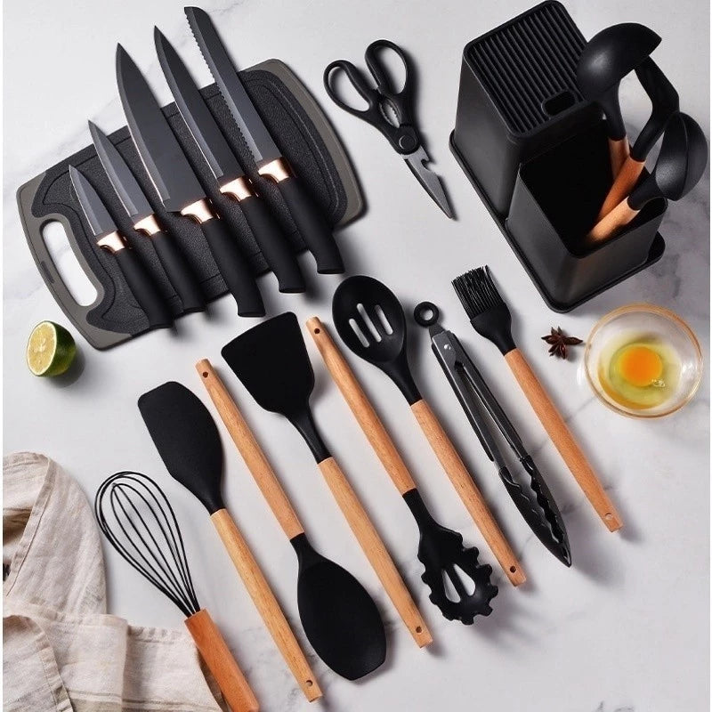 Jogo de Utensílios de Cozinha 19 Peças - Kit Completo Silicone e Bambu com Facas, Tesoura e Tábua