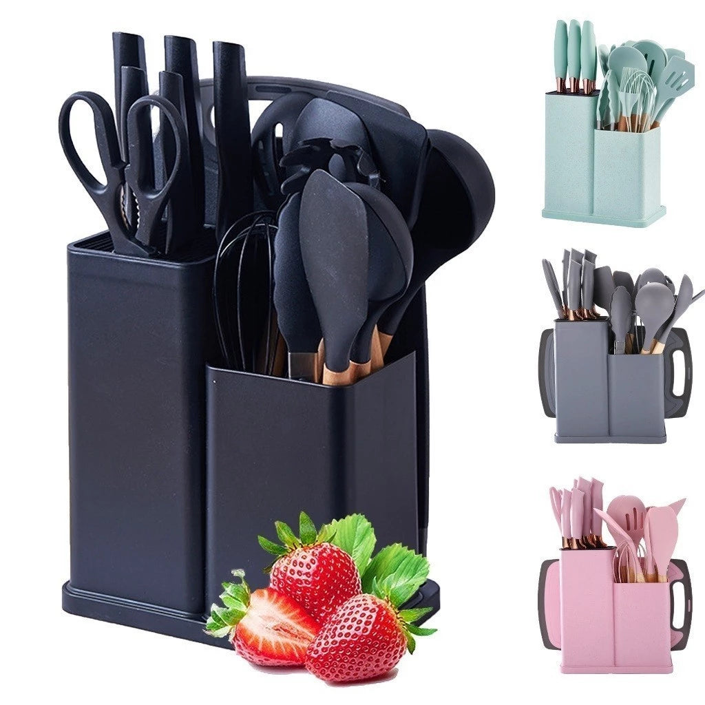 Jogo de Utensílios de Cozinha 19 Peças - Kit Completo Silicone e Bambu com Facas, Tesoura e Tábua