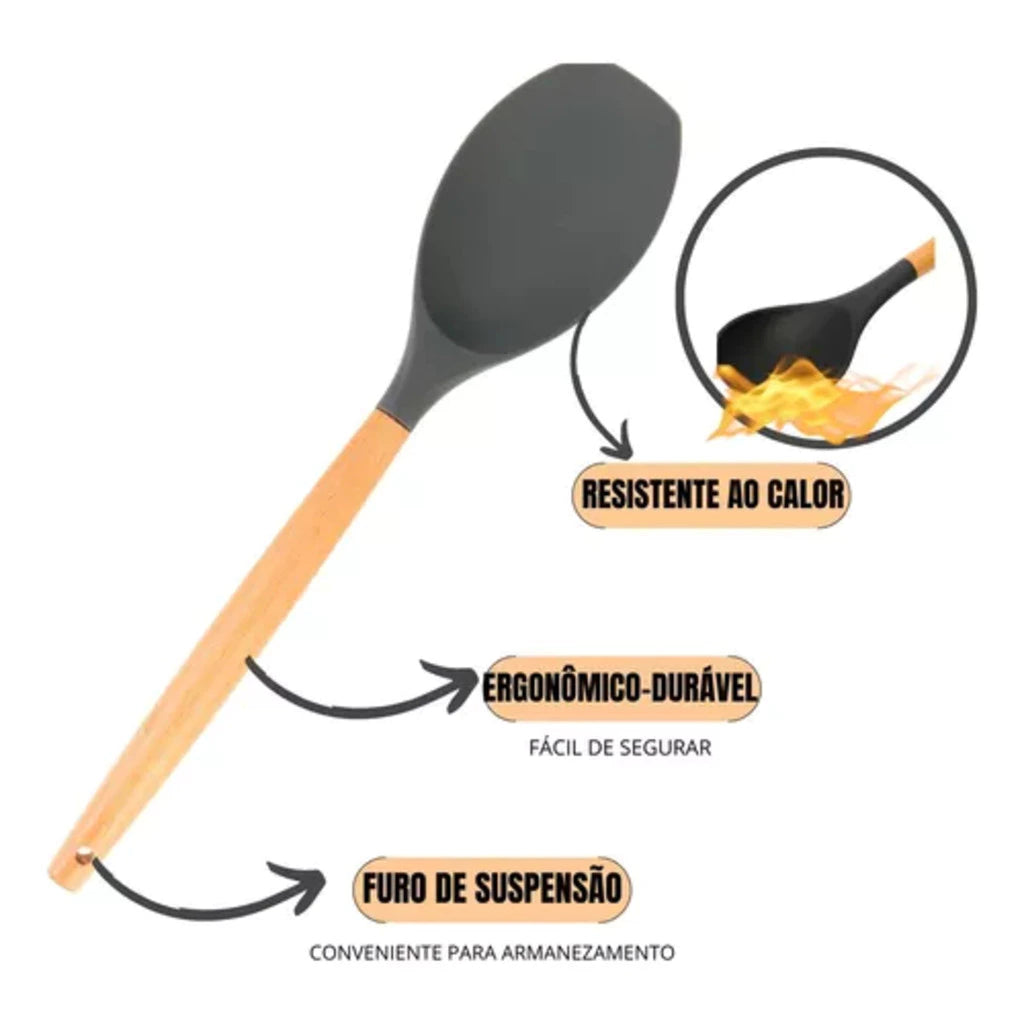 Jogo de Utensílios de Cozinha 19 Peças - Kit Completo Silicone e Bambu com Facas, Tesoura e Tábua