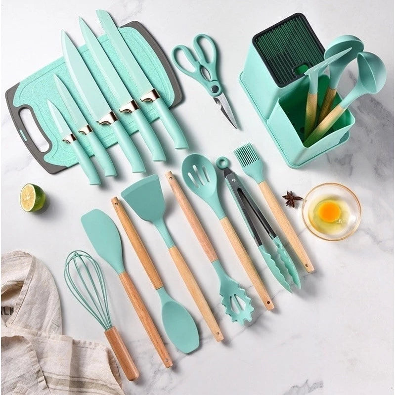 Jogo de Utensílios de Cozinha 19 Peças - Kit Completo Silicone e Bambu com Facas, Tesoura e Tábua