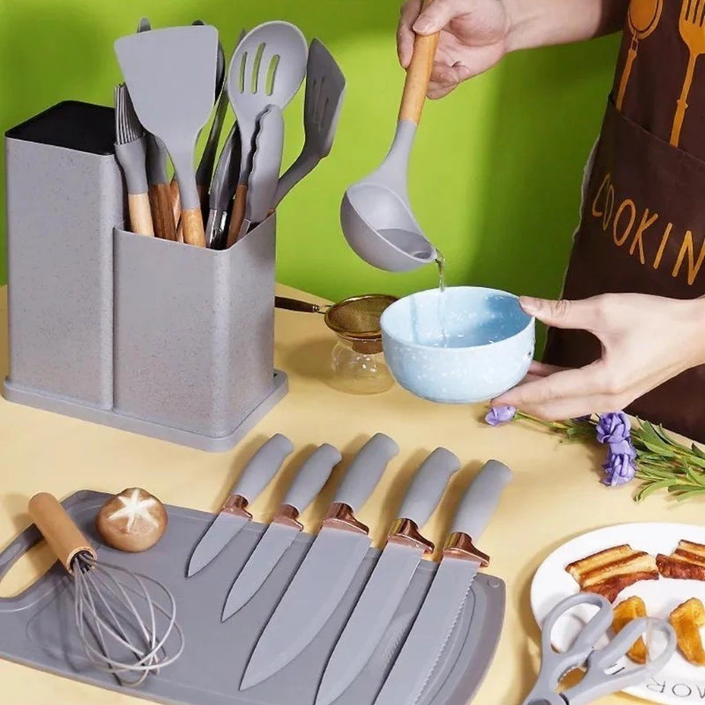 Jogo de Utensílios de Cozinha 19 Peças - Kit Completo Silicone e Bambu com Facas, Tesoura e Tábua