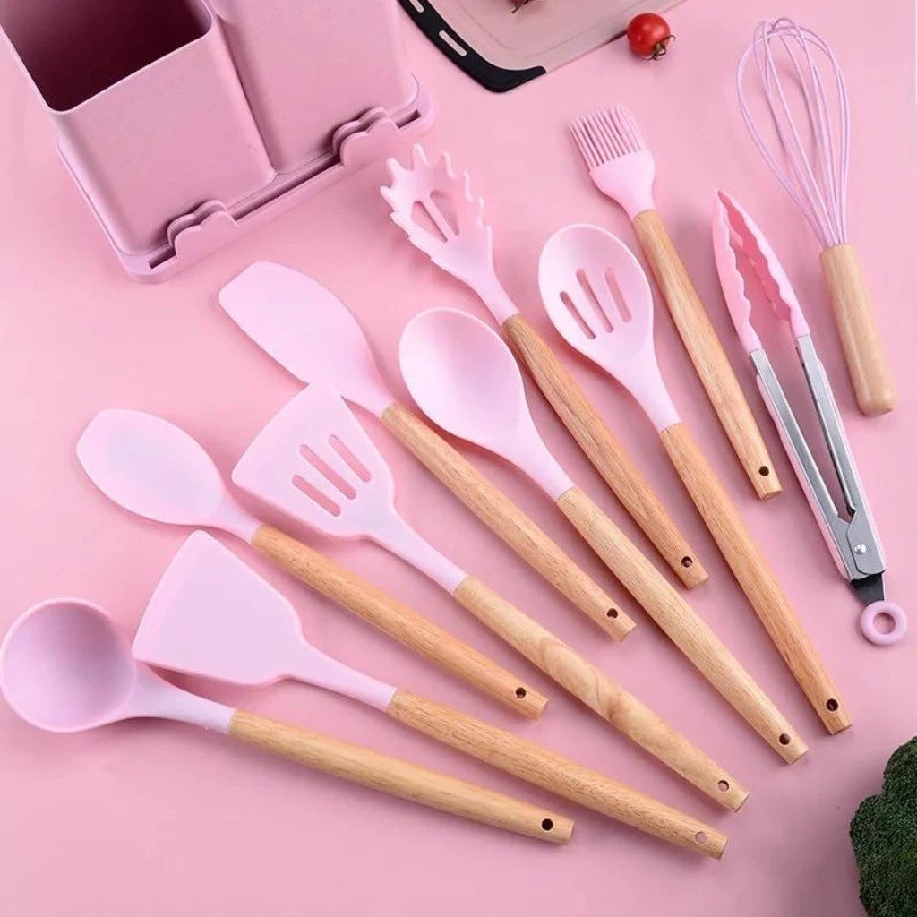 Jogo de Utensílios de Cozinha 19 Peças - Kit Completo Silicone e Bambu com Facas, Tesoura e Tábua