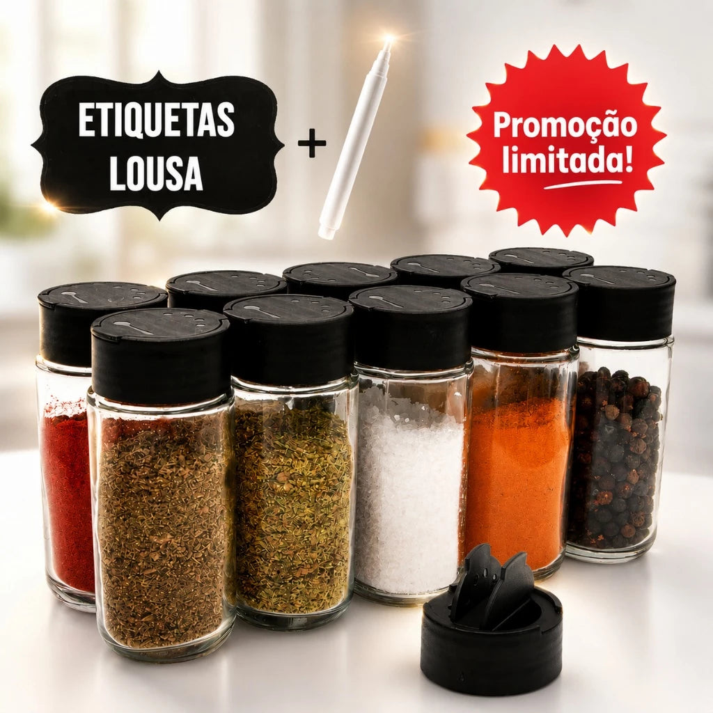 Kit até 18 Potes Tempero Condimentos + Caneta + Etiquetas 100 ml Kit Completo Para Cozinha