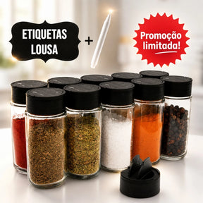 Kit até 18 Potes Tempero Condimentos + Caneta + Etiquetas 100 ml Kit Completo Para Cozinha