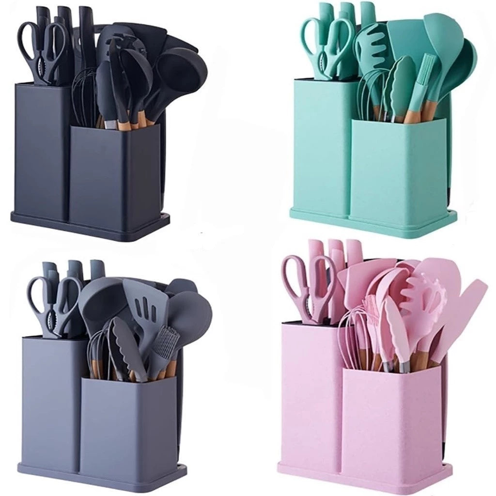 Jogo de Utensílios de Cozinha 19 Peças - Kit Completo Silicone e Bambu com Facas, Tesoura e Tábua