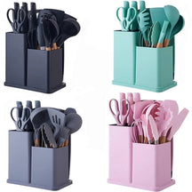 Jogo de Utensílios de Cozinha 19 Peças - Kit Completo Silicone e Bambu com Facas, Tesoura e Tábua