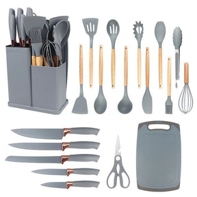 Jogo de Utensílios de Cozinha 19 Peças - Kit Completo Silicone e Bambu com Facas, Tesoura e Tábua
